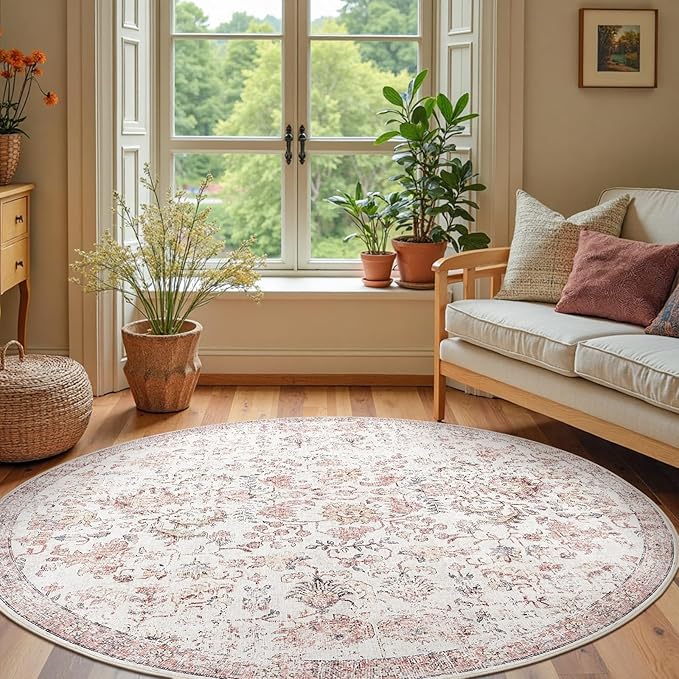jinchan Kalen Round Rug 7ft Area Rug Washable Vintage Indoor Retro Accent Floor Cover Distressed Floral 7' Round Circle Boho Non Slip Thin Carpet for Living Room Dining Room Bedroom Kitchen Red