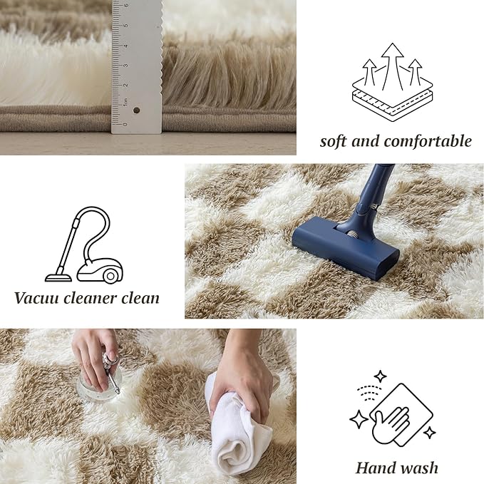 4x6 Area Rugs for Living Room Bedroom, Soft Fluffy Shaggy Bedside Rug, Indoor Floor Carpet for Kids Playroom, Dorms, Nursery Rooms, Home Decor (Camel & White 4'x6')
