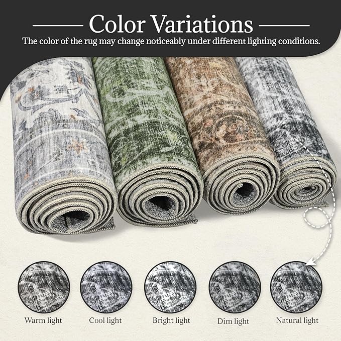 Washable Area Rugs 5'x7' Non-Slip Vintage Boho Distressed Fade Resistant Low Pile Carpet for High-Traffic Living Room, Bedroom & Dining Room