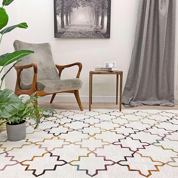 Alfa Rich 7x10 Moroccan White Washable Area Rugs for Living Room Bedroom Kitchen Decor Cotton Rug