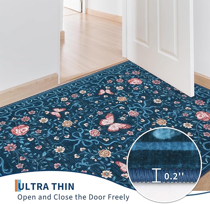 GarveeHome Floral Area Rug 4x6 Entryway Rug Low Pile Bedroom Blue Bow Rugs Non Slip Stain Resistant Dining Room Throw Carpet Small Living Room Butterfly Rugs Soft Boho Mats for Kitchen Nursery, 4x6