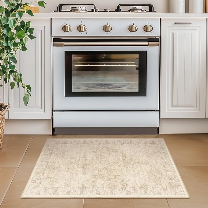 Distressed Beige Kitchen 2x3 Rugs Non Slip Washable, Natural Farmhouse Vintage Medallion Pinted Door Mat Indoor Entrance Entryway, Small Low Pile Rugs for Bathroom Vanity/Laundry Room/Bedroom