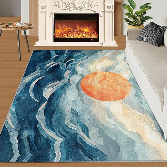 Boho Sun Area Rugs 5x6ft, Mosaic Sunburst Rugs for Kids Bedroom, Abstraction Deco Office Rug Low Pile are Not Stumbling Foot for Living Room End Table Nursery