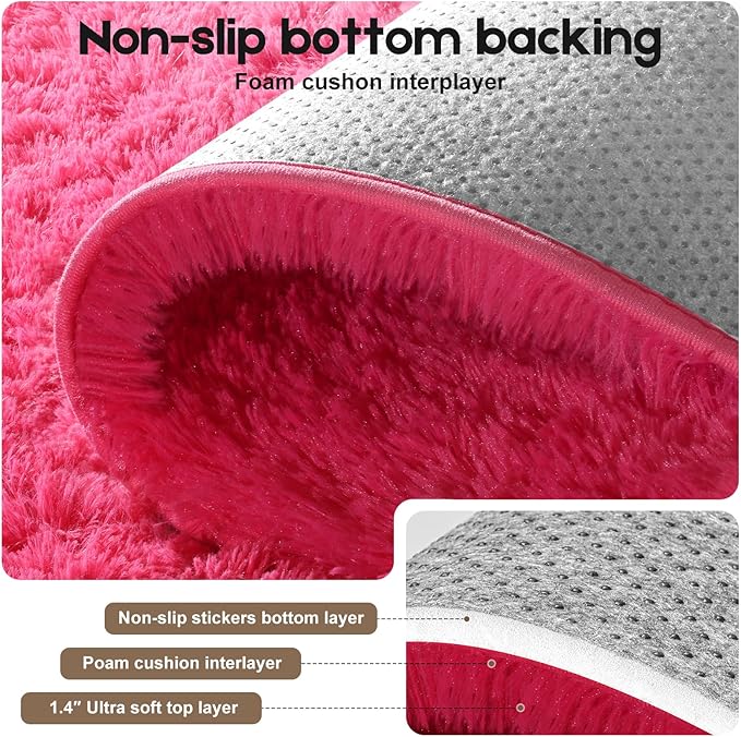 3x5 Rugs for Bedroom, Fluffy Small Area Rugs for Living Room, Soft Shag Fuzzy Carpet with 4 Non-Slip Stickers for Kids Boys and Girls Nursery Dorm Room Home Decor (Hot Pink, 3ft x 5ft)