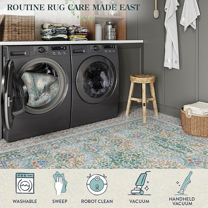 Lahome Floral Washable Area Rugs 5x7, Soft Green Rugs for Living Room Bedroom, Boho Non Slip Low Pile Forest Stain Resistance Large Throw Carpet for Farmhouse Dining Room Nursery, Green