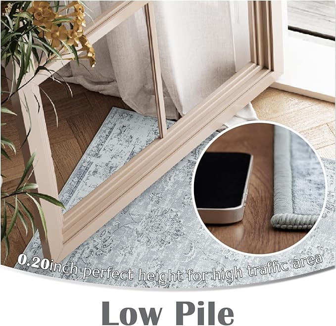 jinchan Fiora Hallway Runner Rug 3x10 Washable Runner - Vintage Floral Non Slip Low-Pile Soft Thin Faux Wool Kitchen Rug Distressed Carpet for Farmhouse Bedroom Laundry Room(3x10ft, Grey)