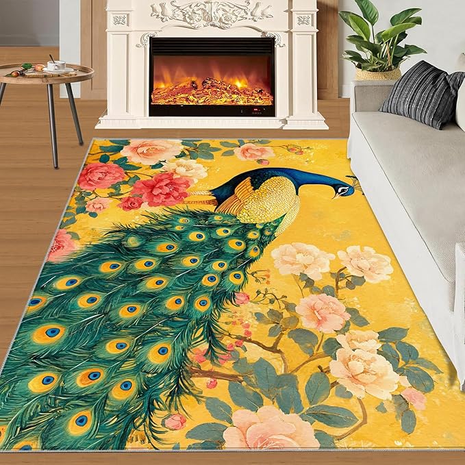 Classic Peacock Rug Large - 8x10 Rug, Peacock Peony Flower Washable Rugs for Living Room, Yellow Teal Turquoise Carpet, Non-Slip Area Rugs for Bedroom, Aesthetics Carpet - Peafowl Home Decor & Gifts