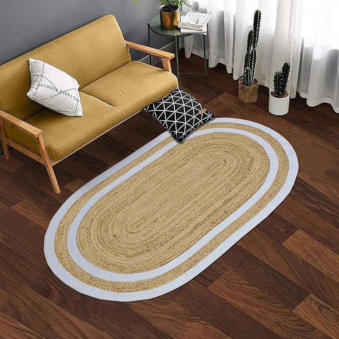 Oval Runner 4x20 Kilim Jute Runner Natural Oval Thick 0.27" Solid Design Beige White Hand Braided Jute Flatweave Mat Handmade Boho Indoor Outdoor Rugs for Hallway Enterway Staircases Corridor