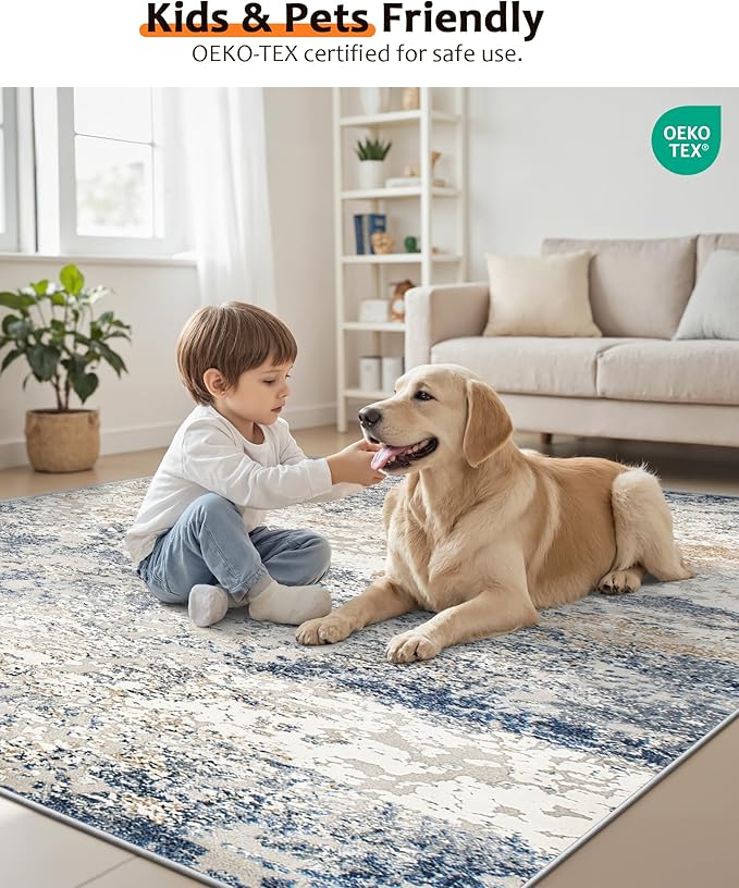 Art&Tuft Washable Rugs 8x10, Area Rugs for Living Room - Non Slip and Low Pile Soft Thin Abstract 8x10 Rug for Bedroom, Dining Room, Kitchen, Office, Blue