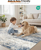 Art&Tuft Washable Rugs 9x12, Abstract Area Rugs 9x12 Living Room - Non Slip and Low Pile Soft Thin Rug for Bedroom, Dining Room, Kitchen, Office, Blue