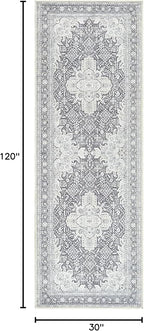 Bloom Rugs Washable Non-Slip 10 ft Runner - Charcoal Blue Traditional Medallion Runner for Entryway, Hallway, Bathroom, and Kitchen - Exact Size: 2.5' x 10'