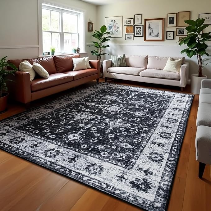 Area Rug 5x7, Washable Faux Wool Throw Rugs for Living Room, 0.3″ Non Slip Low Pile Vintage Boho Carpet for Ding Room, Home Office, Bedroom, Kids Room, Bedside (Black White)