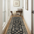 Kitchen Runner Rugs Non Skid Washable - 2.5x8ft Long Charcoal Black Boho Farmhouse Hallway Runner Rug Low Pile Vintage Moody Floral Carpet for Hallway Laundry Room Entryway Bedroom Foyer