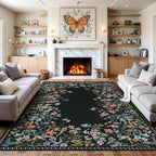 Wonnitar Washable 6x9 Area Rugs, Floral Print Large Living Room Rug, Non-Slip Soft Black Rugs for Bedroom, Ultra-Thin Vintage Botanical Rugs Carpet for Dining Room Guest Room (Black,6'x9')