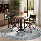 jinchan Kelda Round Rug 6ft Washable Area Rug Indoor Vintage Bedroom Floor Cover Distressed Circle Mat 6' Round Lightweight Non Slip Low Pile Thin Farmhouse Carpet for Living Room Dining Room Blue
