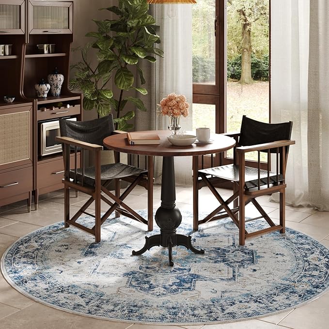 jinchan Kelda Round Rug 6ft Washable Area Rug Indoor Vintage Bedroom Floor Cover Distressed Circle Mat 6' Round Lightweight Non Slip Low Pile Thin Farmhouse Carpet for Living Room Dining Room Blue