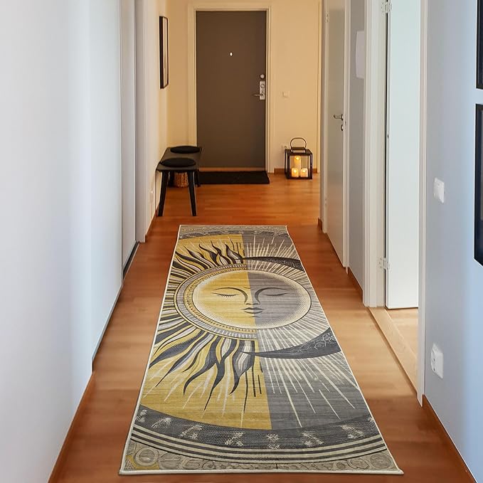 Ambesonne Sun and Moon Decorative Rug, Celestial Esotery Lunar and Solar Characters with Leafy Details Modern, Quality Carpet Bedroom Dorm and Living Room, 2' 5" x 7' 5", Mustard Purpleblue
