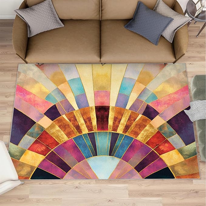 Chromatic Geometric Area Rugs 3x5ft, Abstraction Deco Boys Rugs for Bedroom, Mosaic Sunburst Kids Room Rug Soft Fuzzy Washable for Living Room Game Room Coffee Table