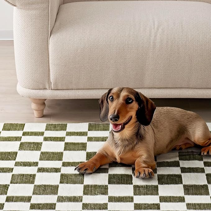EVERGRACE Checkered Plaid Area Rug 2x10, Soft Fuzzy Faux Wool Rugs Washable Anti Slip Rugs Long Runner Carpet for Entryway Bedroom Living Room Hallway Kitchen Dining Room and Laundry, Olive Green