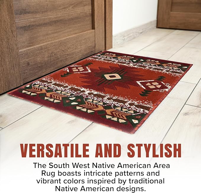 YHSF South West Native American Area Rug C318 - Easy Clean, Thick, Soft, Durable Native Tribal American Indian Inspired Rug for Bedroom/Living Room and More - Rust, 2 Feet x 3 Feet 4 Inches