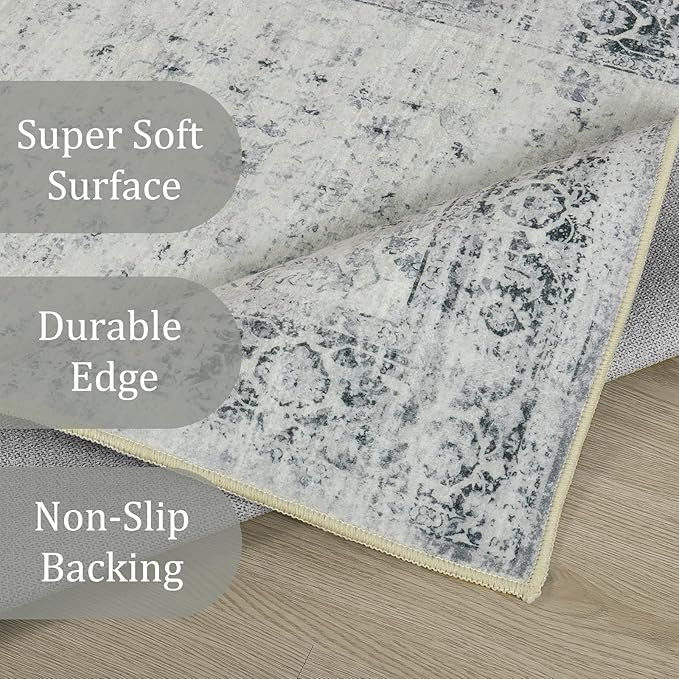 Morebes Vintage 12ft Runners for Hallways, Washable Long Kitchen Runner Rug Non-Slip, Soft Distressed Indoor Floor Throw Carpet for Entryway Farmhouse Living Room Office Foyer, Grey