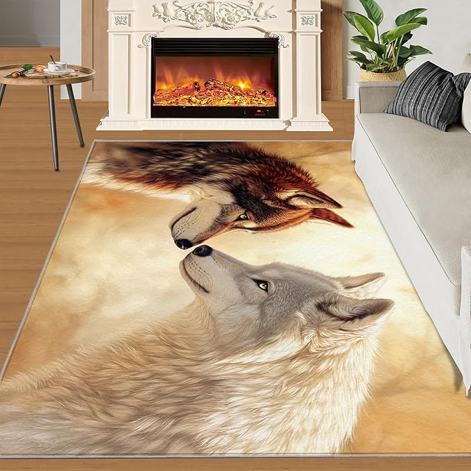 Wolf Rugs for Bedroom - 3x4 Area Rug - 3D Wolf Rugs for Living Room, Misty Forest Rug, Non-Slip Washable Home Decor Carpet