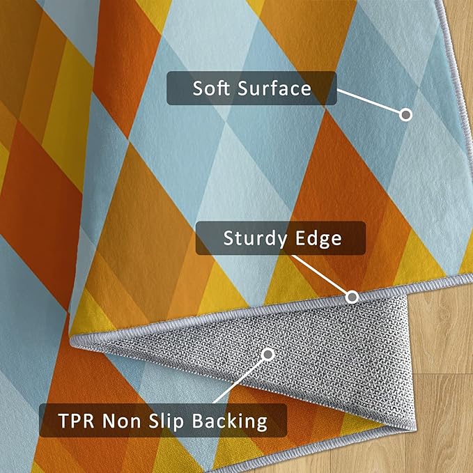 Washable 6x6 Diamond Rug Living Room, Geometric Orange and Blue Plaid Design Area Rugs for Bedroom, Diamond Home Decor Carpet, Low Pile, Non Slip, Kids & Pet Friendly (N4144)