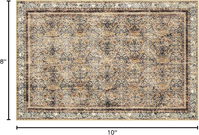 Phantoscope Washable Area Rug 8'x10' Non-Slip, Vintage Neutral Rugs for Living Room, Bedroom, Dining Room, Distressed Boho Floral Medallion Pattern, Low-Pile Foldable Carpet, Brown/Charcoal Spice