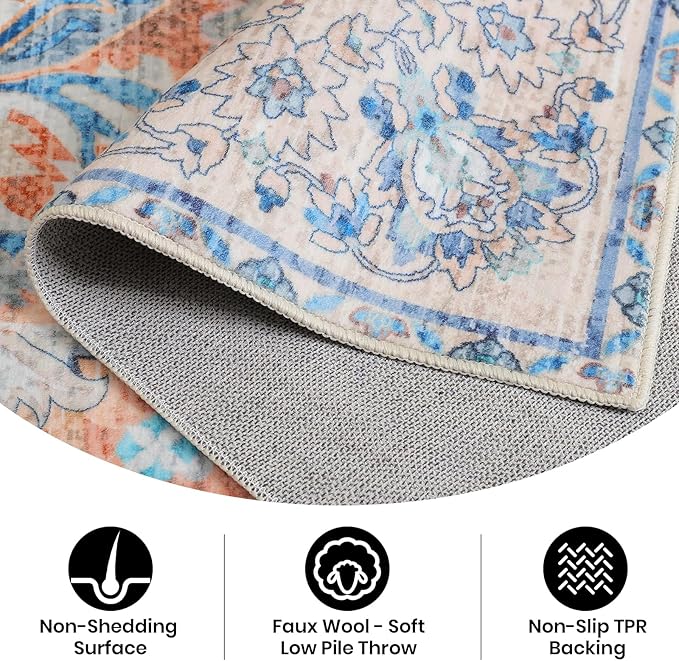 4x6 Washable Rug – Boho Non-Slip Indoor Area Rug for Living Room, Bedroom, Dining Room, Entryway –Navy and Orange Classic Medallion
