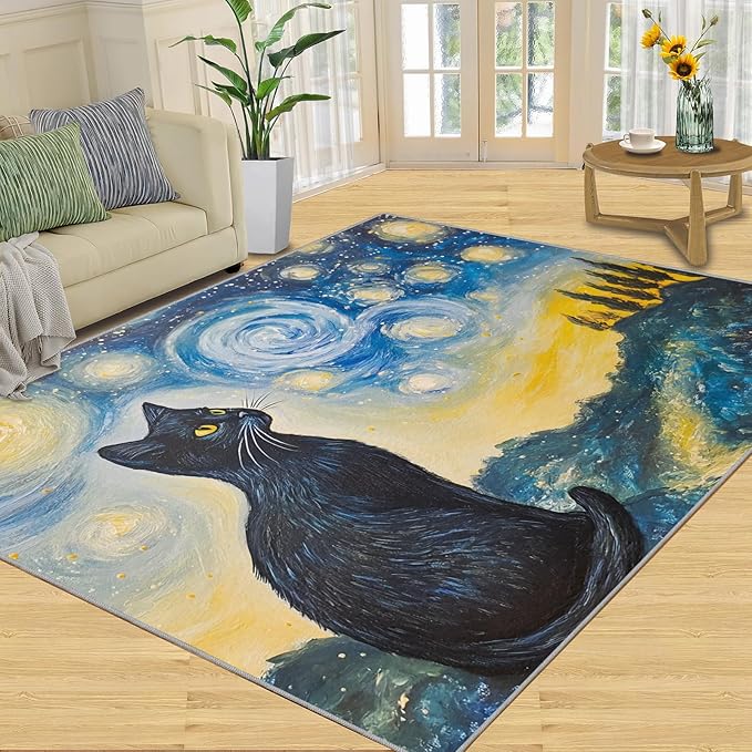 Black Cat Rugs for Bedroom - 4x6 Area Rug - Starry Sky Countryside Rugs for Living Room, Vintage Oil Painting Art Rug, Washable Home Decor Carpet