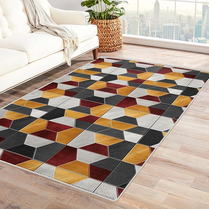 Modern Hexagon Rug, 5x7 Rug, Geometric Pattern Rugs for Entryway, Modern Large Area Rug, Washable Rug Non Slip Soft Indoor Carpet, Kids and Pets Friendly, Modern Hexagon Home & Room Decor