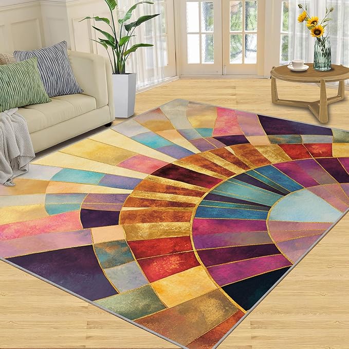 Chromatic Geometric Area Rugs 5x7ft, Abstraction Deco Rugs for Living Room, Mosaic Sunburst Floor Rug Sturdy and Non-Shedding for Bedroom Hardwood Floors Teen Room