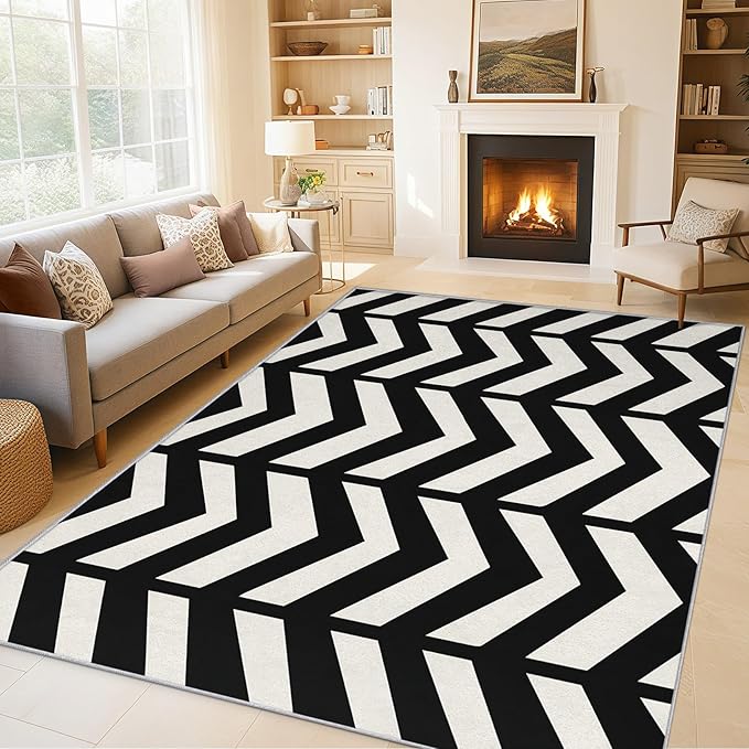 5x7 Black and White Chevron Rugs for Bedroom Decor, Washable Chevron Geometric Pattern Area Rug, Living Room Home Decoration, Non Slip Soft Thin, Modern Zigzag Decor Carpet PF-P 49