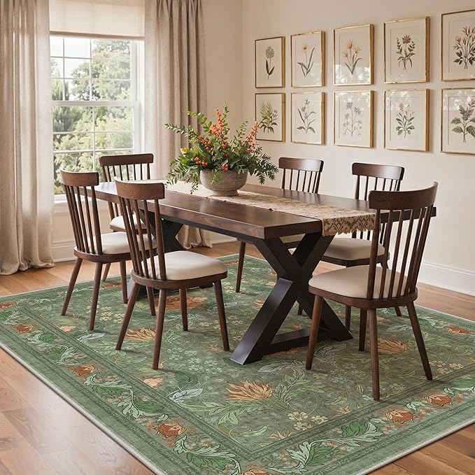 Bavni 8x10 Area Rugs for Living Room, Microfiber Machine Washable Non-Slip Vintage Floral Rug, Low Pile Lightweight Carpet for Bedroom, Dining Room, Home Office, Bean Green