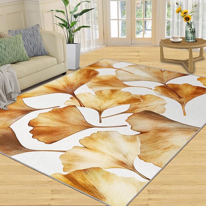 Golden Leaf Rugs for Bedroom - 5x7 Area Rug - 3D Ginkgo Leaf Rugs for Living Room, Modern Simple Art Rug, Non-Slip Washable Home Decor Carpet