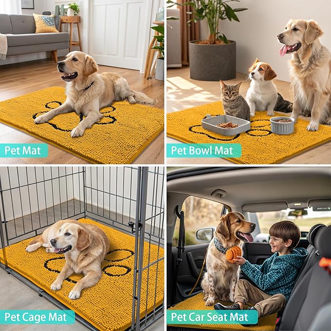 Smiry Dog Door Mat for Muddy Paws, Absorbent Dirt Trapper Non Slip Quick Dry Washable Chenille Mat for Mud Dogs, Entry Rug for Indoor and Outdoor (48x30 Inches, Golden Yellow and Black)