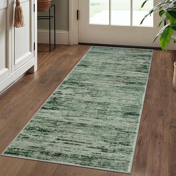 Modern Abstract Runner Rug 2x5, Forest Green Washable Kitchen Runner Entryway Rug Mat Non-Slip Soft Hallway Rug Runner Thin Print Faux Wool Carpet for Bedroom Laundry Room Indoor