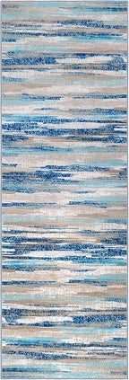 Modern Abstract Runner Rug 3x8, Blue Washable Kitchen Runner Non-Slip Soft Hallway Rug Runner Thin Print Faux Wool Carpet for Entryway Bedroom Laundry Room Indoor Home Office Decor