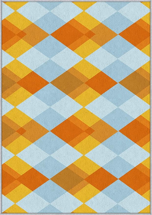 Washable 4x4 Diamond Rug Living Room, Geometric Orange and Blue Plaid Design Area Rugs for Bedroom, Diamond Home Decor Carpet, Low Pile, Non Slip, Kids & Pet Friendly (N4137)