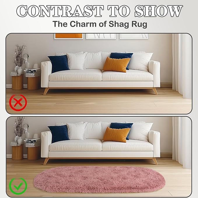 Soft Fluffy Rugs for Bedroom, Blush Pink Fuzzy Shaggy Oval Bedside Area Rug Set of 2, Non-Slip Cozy Plush Shag Carpet for Kids Room Nursery Dorm Living Room, 2.6 x 5.3 Feet