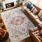 Washable Area Rugs 5x7, Beige Vintage Rugs-Low Pile Carpet, Non-Slip Distressed Printed Patterns Rugs for Bedroom, Living Room, Dining Room, Beige