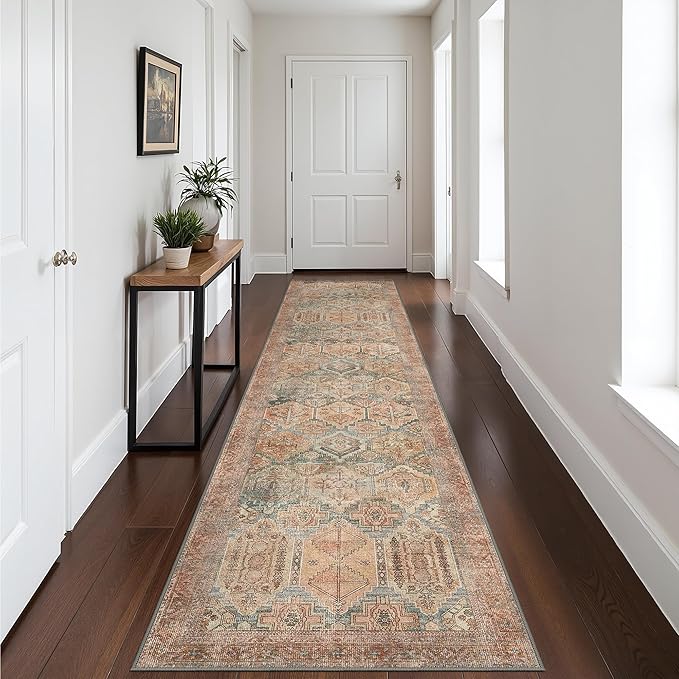 Bavni Runner Rug 2x10 Kitchen Rug for Hallways Entryway, Washable Rug Vintage Print Carpet, Ultra-Thin Chenille Low Pile Lightweight Rug with Non Slip Backing, Clay