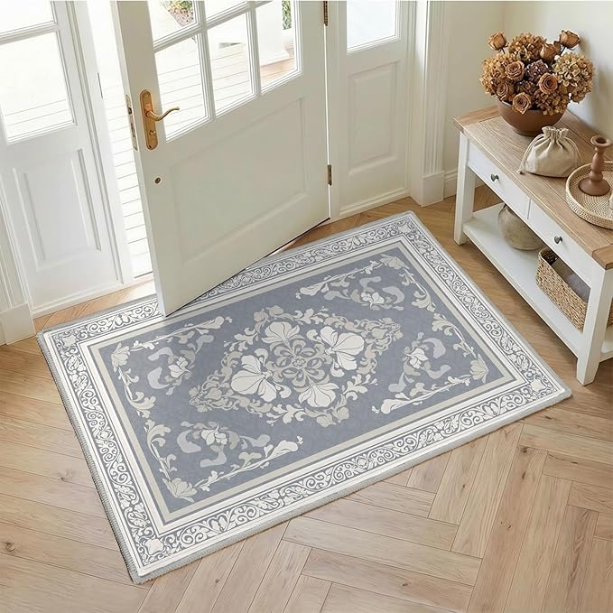 SOULFUL Medium Pile 2x3 Entryway Rug - Soft Foot Feel Small Area Rug - Greige Boho Floral - Washable Non-Slip - Perfect for Hallway Kitchen Bedroom Bathroom Indoor Entrance