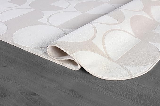 Beverly Rug Modern Geometric Area Rug 8x10 Low-High Pile Durable Soft Abstract Circular Indoor Rugs for Living Dining Room Office Stain Resistant Non Shedding Casual Indoor Carpet Beige White 8 x 10