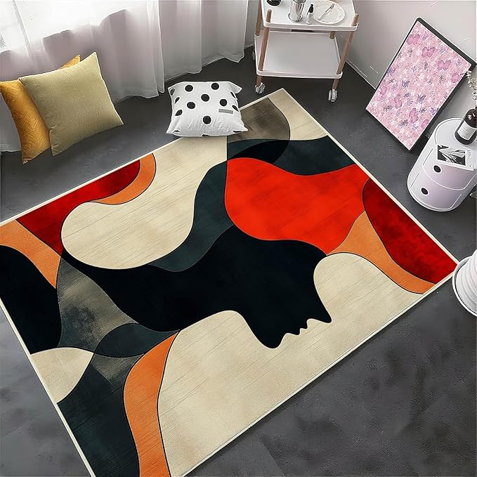 4x6 Abstract Rug, Abstract Area Rug, Geometric Area Rugs, Modern Geometric Rugs, Minimalist Face Carpet, Contemporary Carpet for Living Room, Non Slip & Faux Cashmere Low Pile