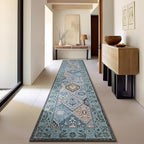 Phantoscope Washable Runner Rug 2'x10' Non-Slip, Vintage Boho Hallway Rugs for Entryway, Stair, Bedroom, Distressed Moroccan Mosaic Diamond Pattern, Low-Pile Foldable Floor Carpet, Blue Teal/Neutral