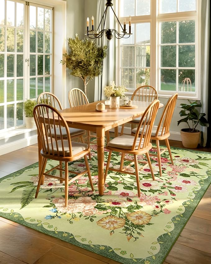 Floral Washable 5x7 Area Rugs - Living Room Rug Non Slip Low Pile Stain Resistant Carpets Indoor Vintage Flower Print Rug for Bedroom Dining Room Kitchen Home Office Green