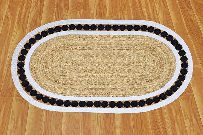 Oval Rugs for 12x18 Jute Oval Rug Natural Kilim Rug Thick 0.27" Solid Design Black Beige Hand Braided Jute Flatweave Mat Handmade Boho Indoor Outdoor Rugs for Bedroom Living Dining Room