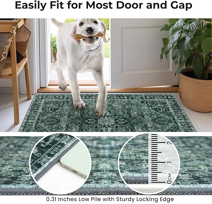 KOZYFLY Boho Runner Rug 3x8 Ft Washable Hallway Rug Faux Wool Printed Long Floor Carpet for Entryway Bedroom Kitchen Living Room Indoor Soft Durable Design, Dark Green