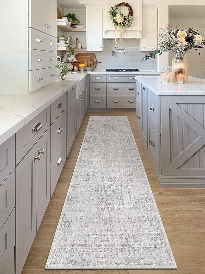 LIVEBOX Washable Runner Rug 2.5x8 - Long Grey Kitchen Rug, Low-Pile Floral Oriental Anti-Skid Carpet Runners for Hallway Bedroom Entryway, Silverygray